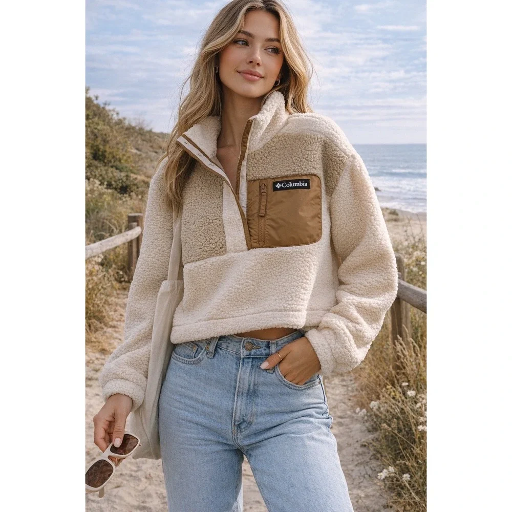 Columbia Neutral Sherpa Fleece Pullover Tan Cream Cozy Outdoor Crop Jacket Sz XL - Picture 1 of 12